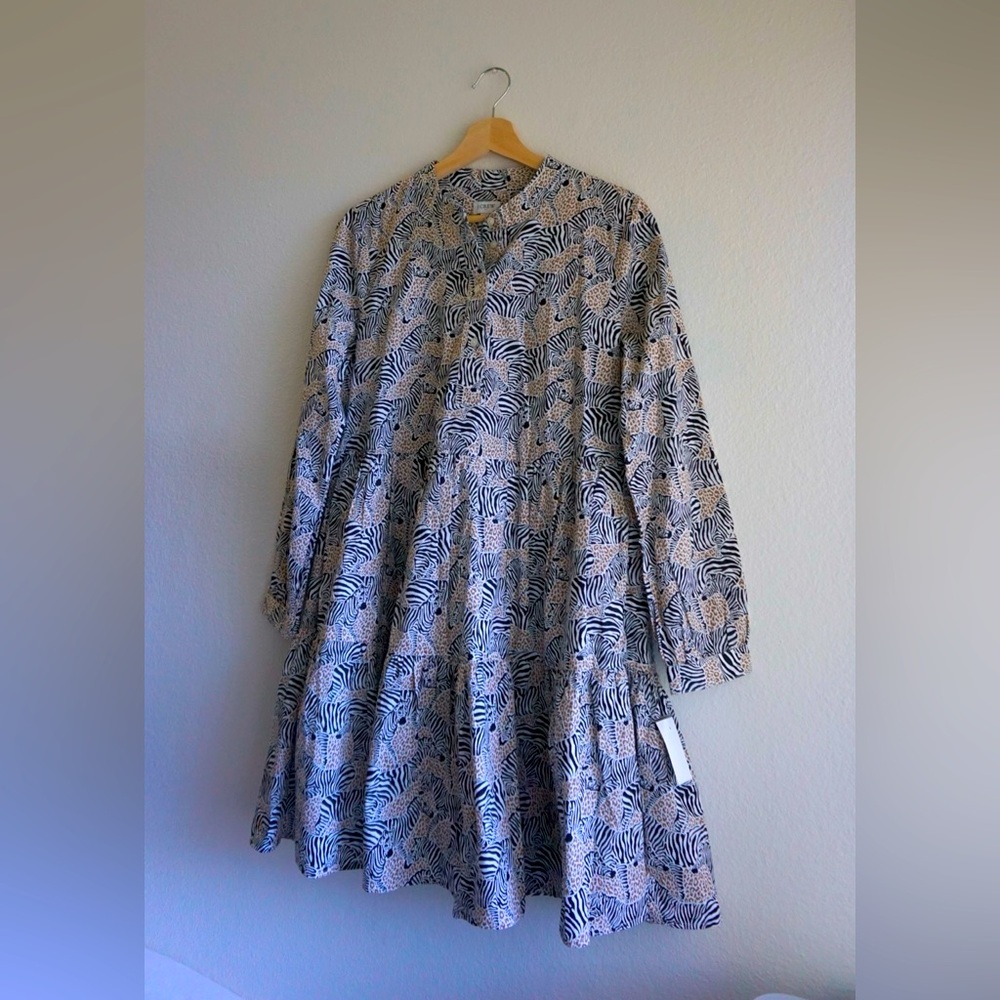 J.Crew Factory Animal-print Tiered Dress In Cotton Poplin With Pockets sz Small